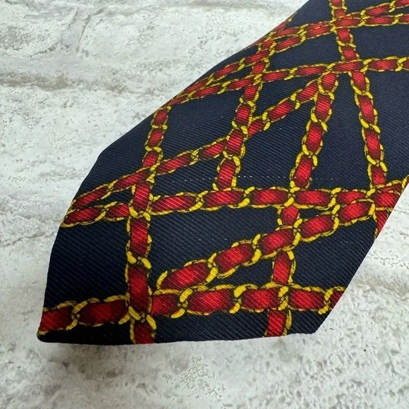 CHANEL vintage silk men’s necktie navy red gold chain ribbon pattern print - Picture 3 of 8